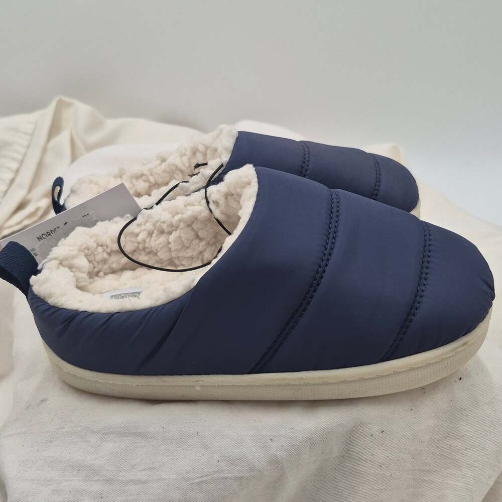 NEW quilted navy blue puffer slippers fuzzy cream sherpa lining Slipper sz 11-12